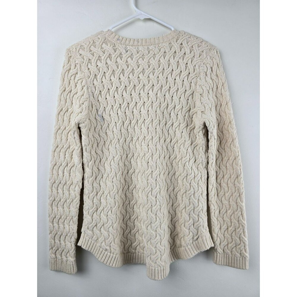CHUNKY CABLE KNIT COTTON SWEATER Womens S Jeanne Pierre Fisherman Cream Ivory - Picture 2 of 9
